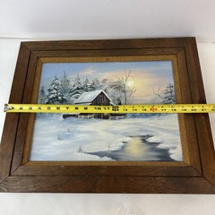 Evening Snow vintage oil painting signed 1993 barn moonlight landscape winter