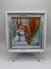 Original oil painting Snowman Naive art Signed Miniature Framed Size 4*4 inc
