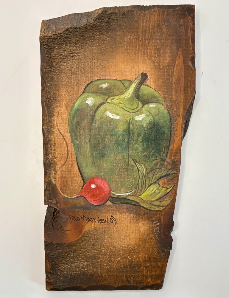Brother Bro. Matthew OSF Still Life Pepper Radish Painting Rustic Wood 14.25″