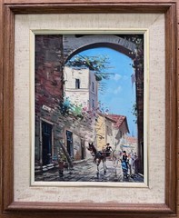 Signed Oil Painting French Street Scene City Scape France Street Flowers