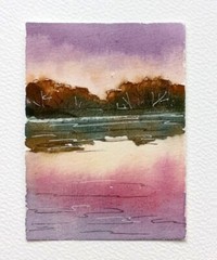 ACEO Original Watercolor – Pink Sunset on the River – ATC Mini Art Painting
