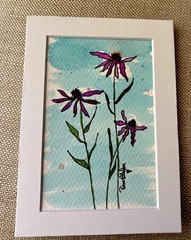 Original Purple Flowers Watercolor and ink Painting 5×7 White matted Art