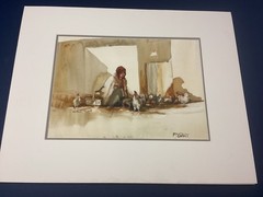 Patrick Cahill Irish Artist Watercolor “Woman Feeding Chickens“
