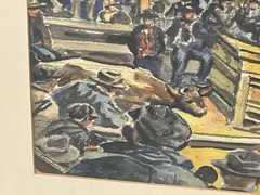 Wpa Style 1940S Original Watercolor Painting Livestock Auction By A. Campbell