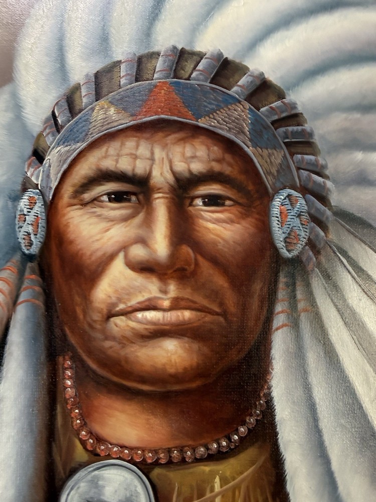 Z. Garcia Original Oil Portrait – Native American Chief w Ceremonial Headdress