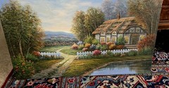 W. Hodges Signed Vintage landscape Cottage Oil Painting Artwork 36X24″