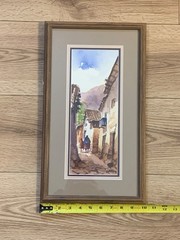 Signed Vitorino Original Watercolor Mediterranean Village Street Scene Framed
