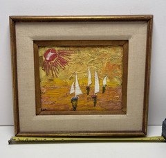 OIL PAINTING OCEAN SAILING SAILBOATS BOATS SUNSET Signed Lee 15.75 X 14.7