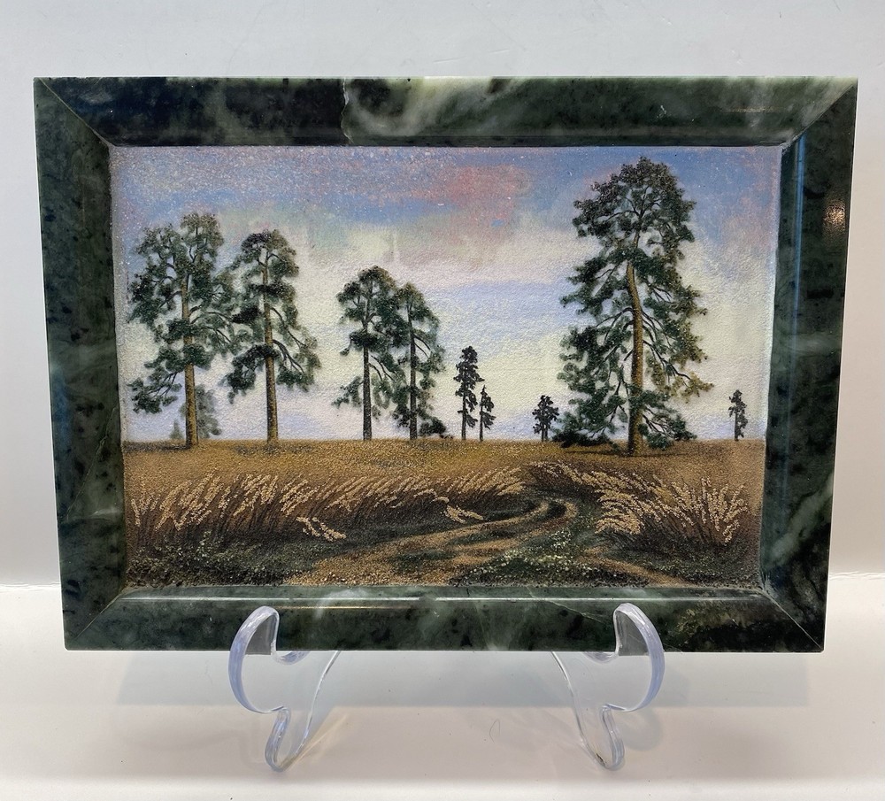 Russia Handmade Landscape Crushed Gem Stones Size 8 5/8”X 6 3/8” Label & *Signed
