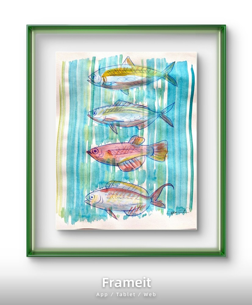 Original Four Fish Blue Painting By Alannah Dyer- Acrylic 8.5×11 in. Fishing
