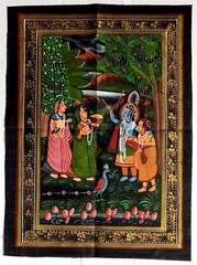 India Radha & Krishna hand painted on black cloth 22 x32 cm