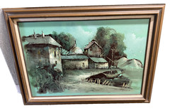 Vintage Mid Century Harbor Oil Painting Signed W. Young MCM Canvas Framed Large