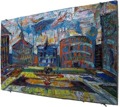 ORIGINAL OIL█PAINTING IMPRESSIONIST ARt SIGNED█CITY BUILDINGS POP NYC 18 x 30.5″