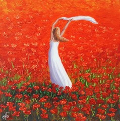 Original Oil Portrait Painting Woman Red Poppy Field Summer Canvas Art Romantic