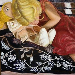Vintage Oil Painting Girl with Doll on Bench Gold Gilt Wood Frame 25×22