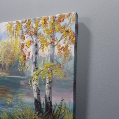 Autumn River Birch Trees Landscape Oil Painting Original Wall Art Canvas 8×8 in.