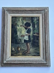 ANTIQUE IMPRESSIONISM PORTRAIT CHILD GIRL FEEDING CHICKENS SIGNED MYSTRY ITALIAN