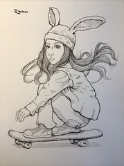 Original Ink Sketch, 9×12 Inches, Rad Skateboarder With Bunny Hat