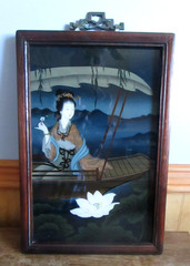 Vin. Reversed Painted Geisha, Boat, Flower Wood Panel Frame