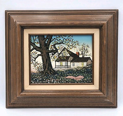 Vintage H Hargrove Framed Serigraph on Canvas Americana Farmhouse Landscape Art