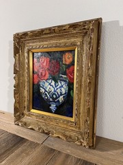 Japanese Vintage Mid-Century floral Still Life Painting – Antique Oil Painting
