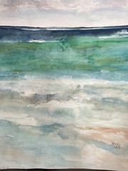 Original Watercolor Abstract Ocean/Beach-11×14 Unframed & Unique blue,tan,green