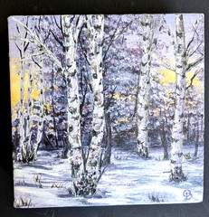 ORIGINAL ACRYLIC Painting Winter BIRCHES Tree impasto by Olga Diduh.