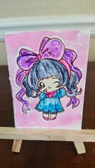 ACEO original print artwork 2.5 x 3.5 card watercolor anime pretty girl with bow