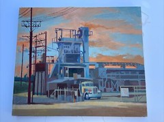 VINTAGE INDUSTRIAL PAINTING SUNSET LANDSCAPE AMERICAN Regionalism 30′ LARGE