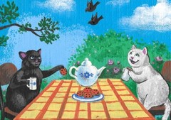 5X7 PRINT OF PAINTING RYTA BLACK CAT TEA Party SPRING SUMMER Folk Art Cookies 🍪