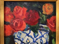 Japanese Vintage Mid-Century floral Still Life Painting – Antique Oil Painting