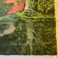 Vintage 70s landscape pink castle original painting hand painted by Robins