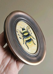 Bumblebee In Mini Oval Frame Acrylic On Paper Original Painting Framed Bee Art
