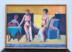 Expressionist Nude Women Poolside Modern Oil Painting Danish Art