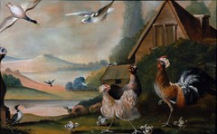 Early 19th Century Animal Painting Chickens Ducks & House Vintage Landscape