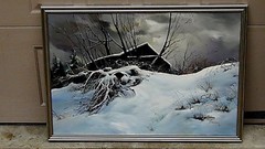 HULAN FLEMING 1971 ORIGINAL OIL ON BOARD PAINTING, WINTER SCENE W/CABIN IN SNOW