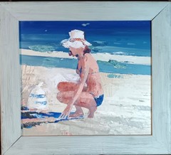 Oil on Board, Beach Scene, Unknown Artist,One of a Kind, Impasto style,