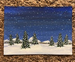 Small Original Acrylic Painting 5”x7” Winter Landscape Snow Trees Night Sky