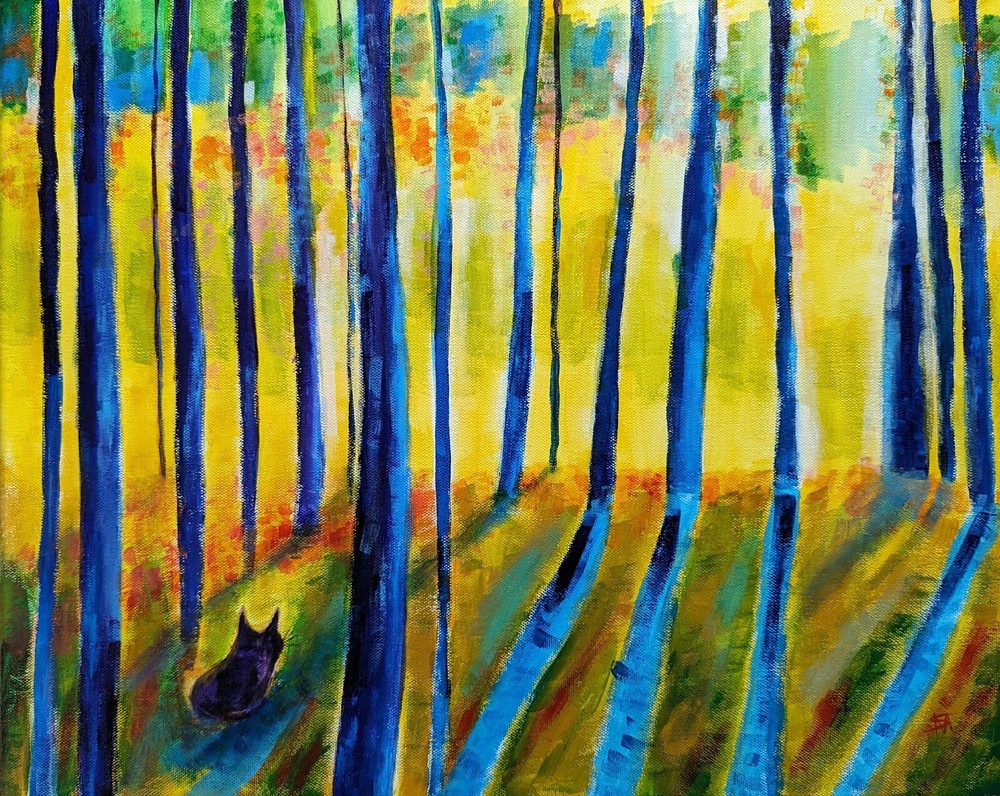 Landscape Trees Cat Painting Original Collectible Forest Art Samantha McLean