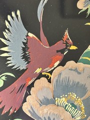 Original Folk Art Cardinal Bird Floral Painting Red Wood Frame Signed Lou 5×6