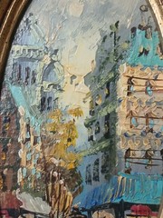 Original Signed Oval Painting by Marino, Parisian Street Scene Mid 20th Century
