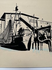 ANTIQUE PAINTING AMERICAN REGIONALISM TUNA STARKIST FACTORY WPA STYLE NAUTICAL