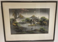 Vintage Vietnamese 1960’s Framed Oil on Silk Painting Village/River 15.5″×20.5″
