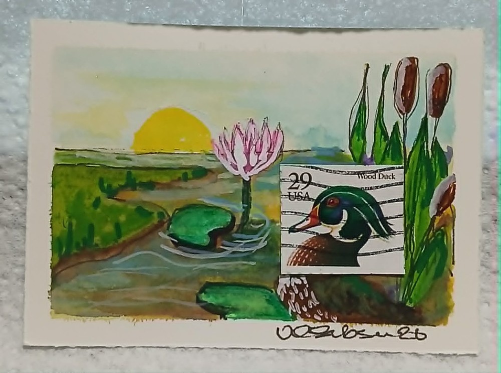Postal Whimsy OOAK ACEO Wood Duck Wetland Sunrise Lily Pad Stamp Art