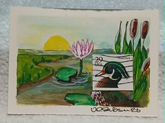Postal Whimsy OOAK ACEO Wood Duck Wetland Sunrise Lily Pad Stamp Art