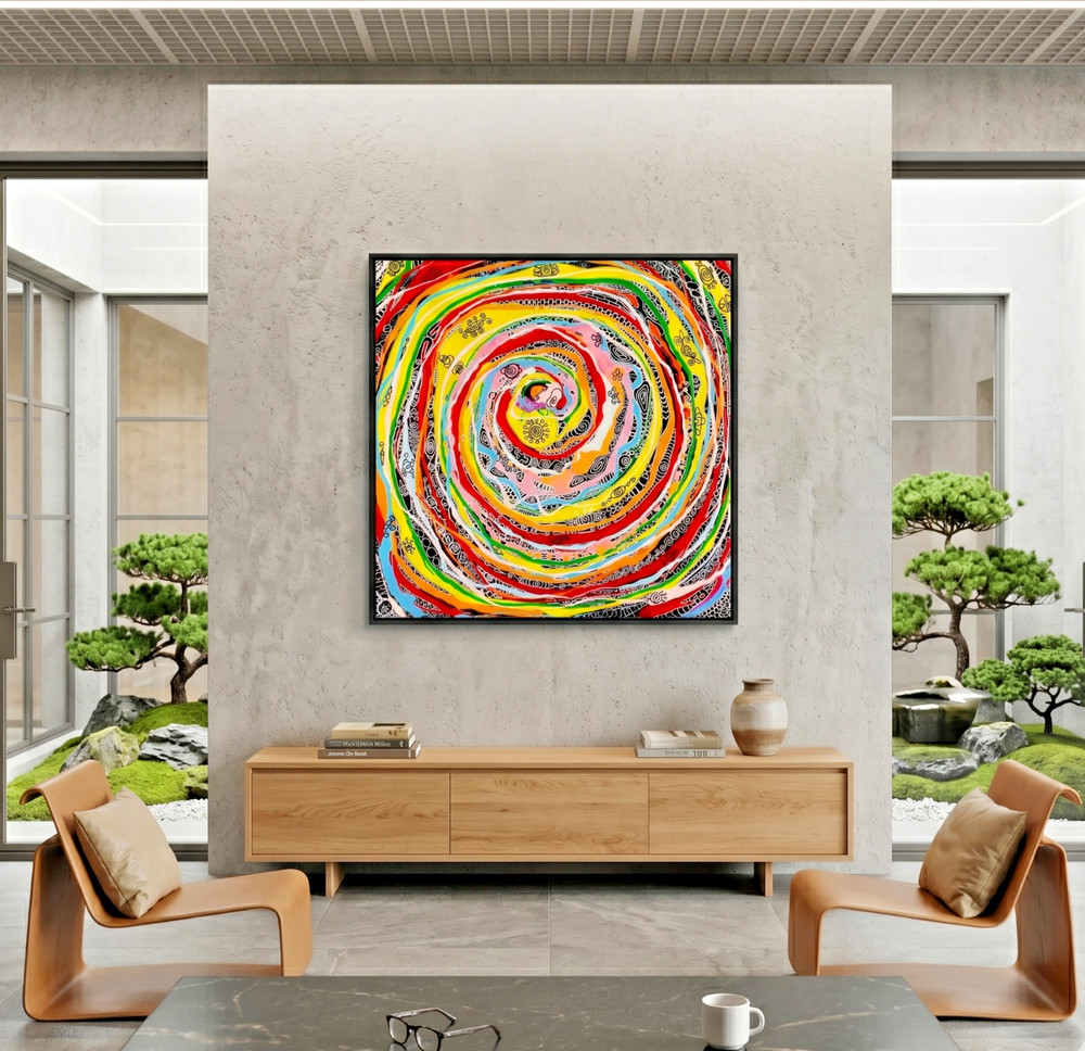 Large 3D abstract hand-painted canvas 100×100 cm, 39″ acrylic, UV blacklight