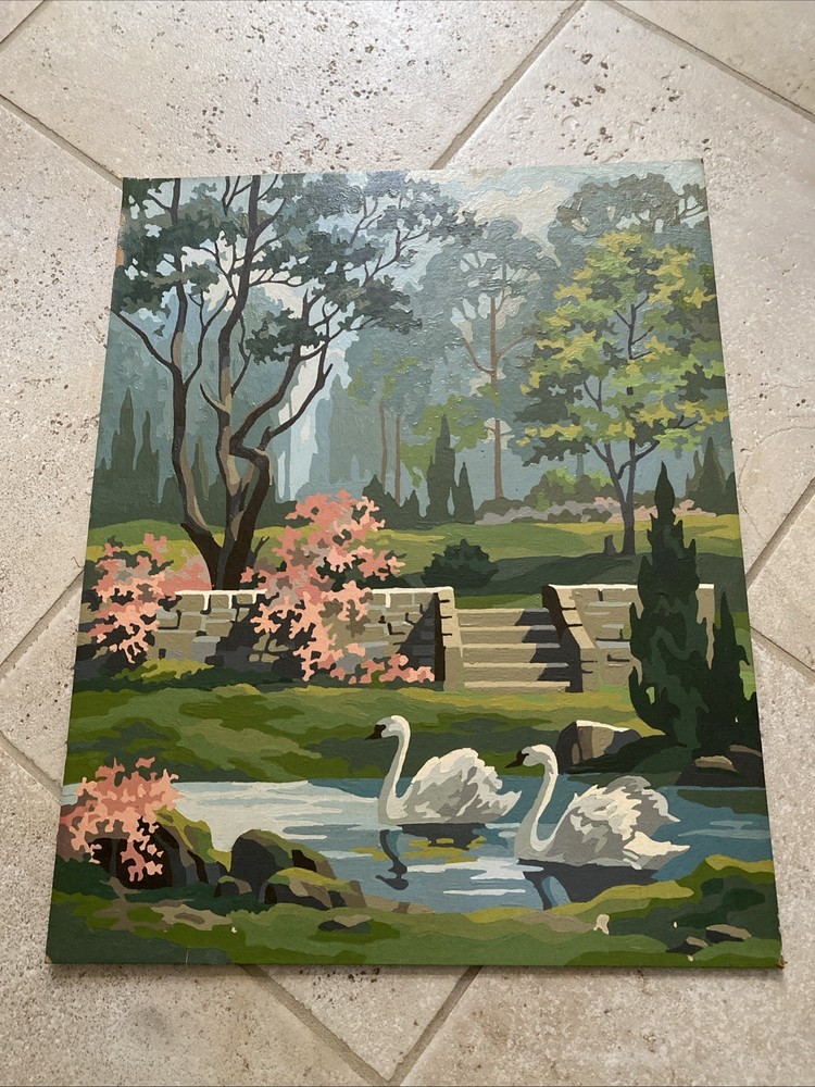 Vintage Mountains Scene w/2 Swans In Pond PBN Paint by Numbers Unframed 16×20