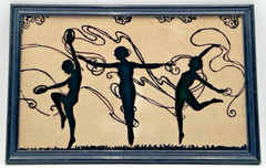 REVERSE PAINTED THREE DANCING GIRLS SILHOUETTE 14-3/4″ X 8-1/2″ UNSIGNED
