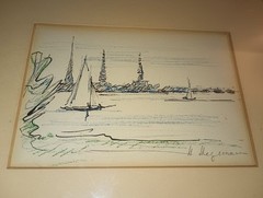 Heinrich Stegemann (1888-1945) Sailboat Seascape Ink & Colored Pencil on Paper
