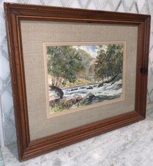 Vintage Original Landscape River Creek Watercolor Framed Matted Signed 23”X19”